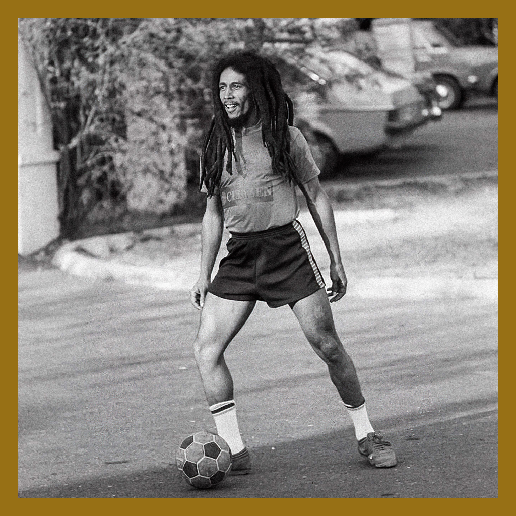 Bob Marley playing football (soccer), his favourite sport in the 1970s.